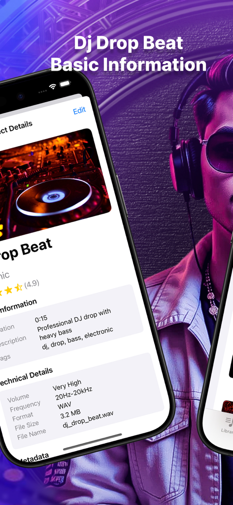 Écran d'iPhone affichant les détails techniques d'un effet sonore Dj Drop Beat, y compris la fréquence et le format de fichier