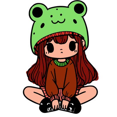 a girl wearing a frog hat and some frog socks