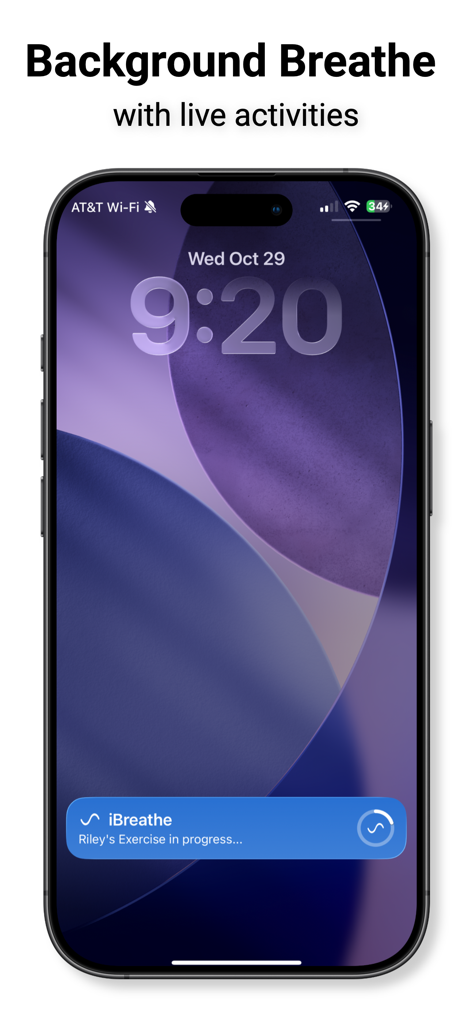 Widget d'activité en direct de l'application iBreathe sur l'écran de verrouillage d'un iPhone montrant un exercice de respiration en cours.