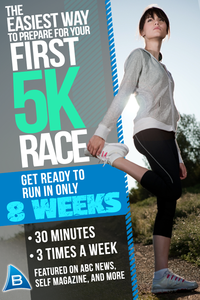 Ease into 5K: run walk interval training program - A woman stretching outdoors with text promoting an 8 week 5K training program for beginners