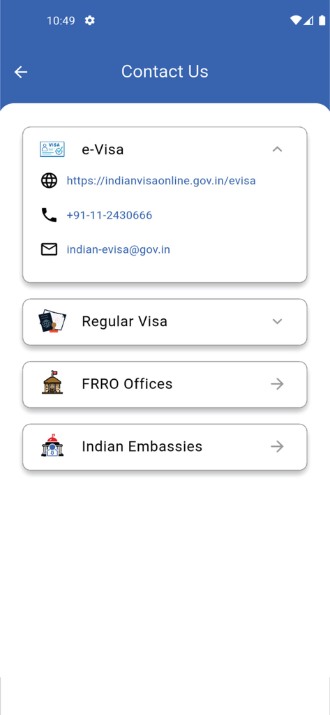 Contact Us screen of Indian Visa Su-Swagatam app with support details for e-Visa regular visa and embassies