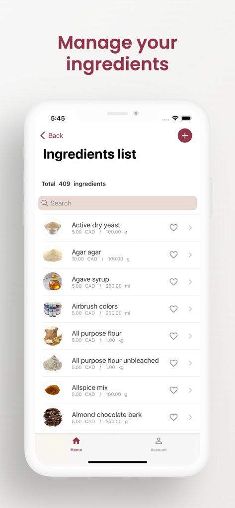 CakePlace - CakePlace app screenshot showing a comprehensive ingredients list with prices and quantities for bakers