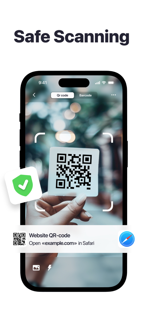 QR Code & Barcode－Scanner App - An iPhone scanning a QR code with a green security checkmark icon highlighting safe website access.