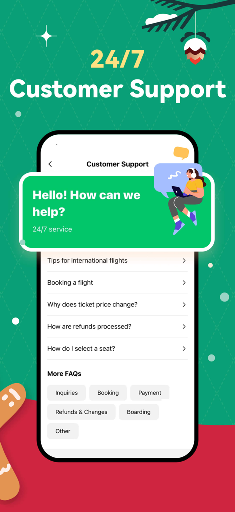 HopeGoo: Flight,Train,Hotel - HopeGoo mobile app screenshot displaying the 24/7 customer support interface and international travel FAQs.