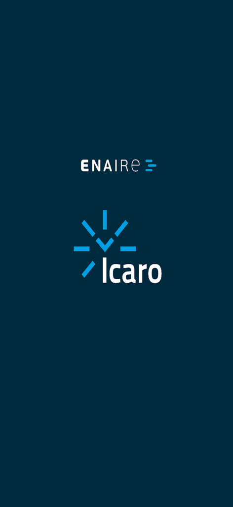 ICARO app splash screen displaying the ENAIRE and Icaro logos on a dark blue background