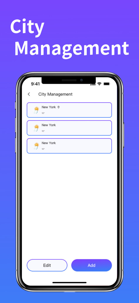 Ecrã de Gestão de Cidades da aplicação Weather Pro a mostrar uma lista de cidades com clima e temperatura atuais