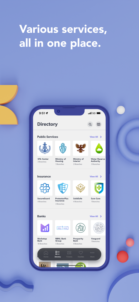 Skiplino - Skiplino app directory showing a list of banks insurance and public service providers