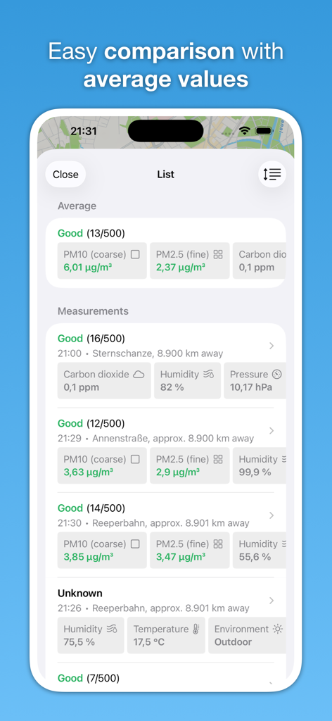 Breathe - Air Quality Monitor - Breathe app screen displaying a list of hyper-local air quality measurements including PM2.5 and PM10 levels for different streets.