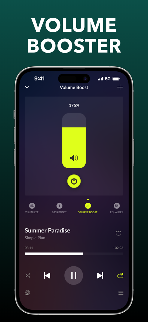 iPhone screen showing the volume boost feature of the Equalizer Fx app set to 175 percent