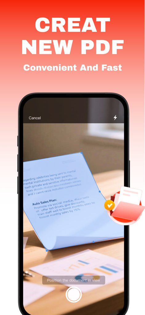 Interfaccia dell'app mobile per la scansione di documenti cartacei per creare un nuovo PDF