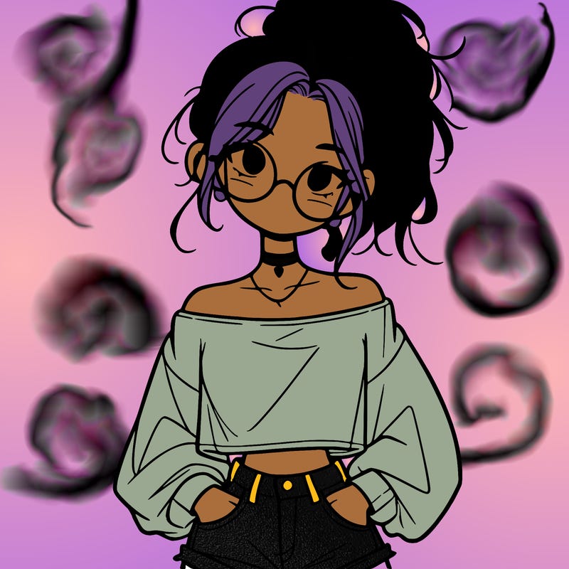 girl with a messy ponytail glasses a baggy crop top and jean shorts