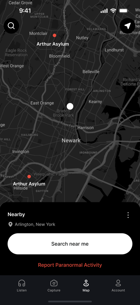 SPI - SPI app map interface displaying nearby haunted locations and paranormal activity reports