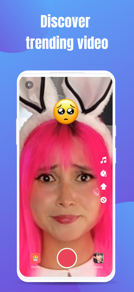 Emoji Challenge: Funny Filters - A user with pink hair mimicking a sad emoji face in the trending video section of the Emoji Challenge app