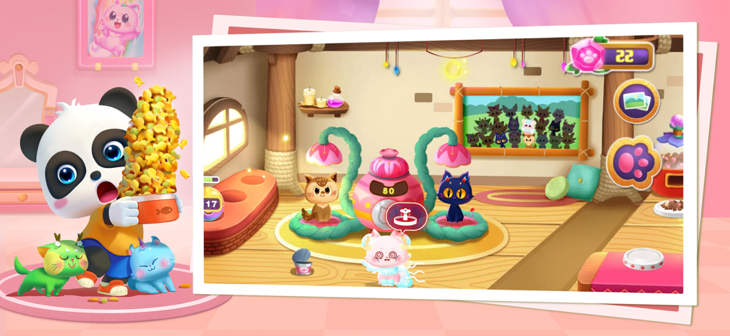 Baby Panda Kiki holding a giant bowl of snacks next to cute cats in a colorful pet nursery