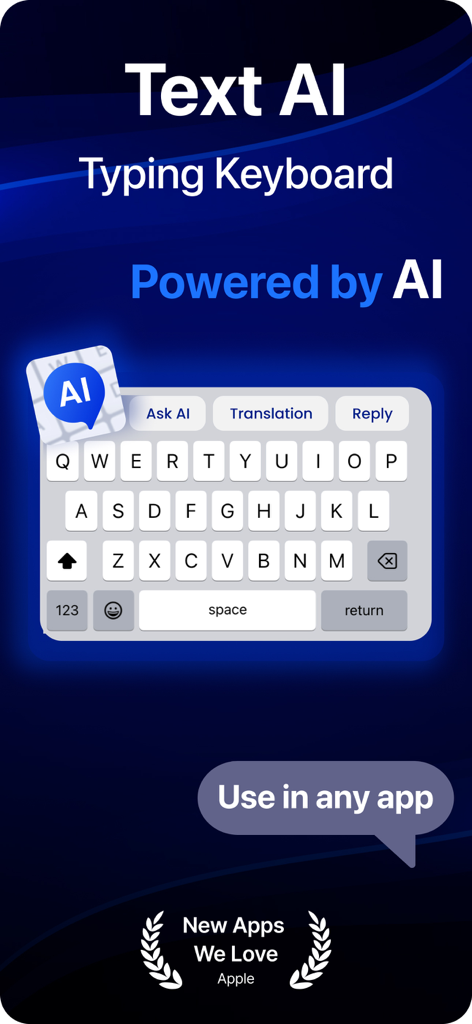 AI Keyboard : Type AI - AIキーボードアプリのインターフェース。モバイルキーボードに統合されたAI機能（AIに質問、翻訳など）が表示されています。