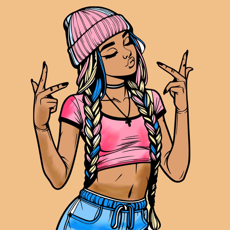 realistic teenage girl with braids and a beanie and crop top doing 🫶🏼