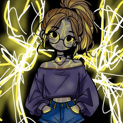 girl with a messy ponytail glasses a baggy crop top and jean shorts