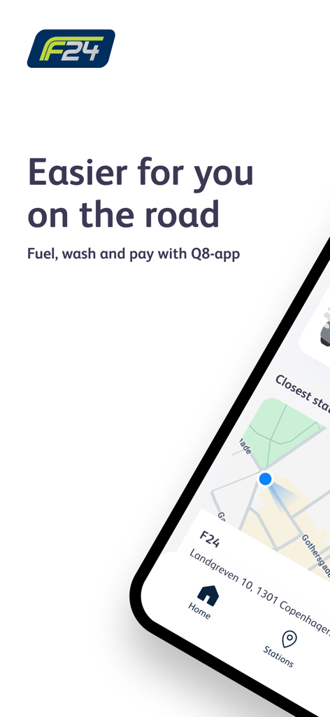 F24 - F24 app interface showing a station finder map and the slogan Easier for you on the road