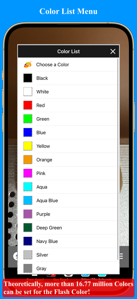 Color Flash Camera - Menú de selección de color en la aplicación Color Flash Camera que muestra varios colores de flash