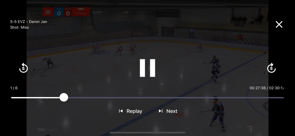 Hockey AI - Hockey AI app video player displaying a tagged game event on the ice rink