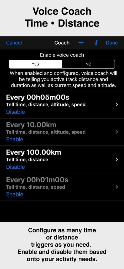 Compass 55. Map & GPS kit. - Configuration screen for the voice coach feature in the Compass 55 app showing time and distance triggers