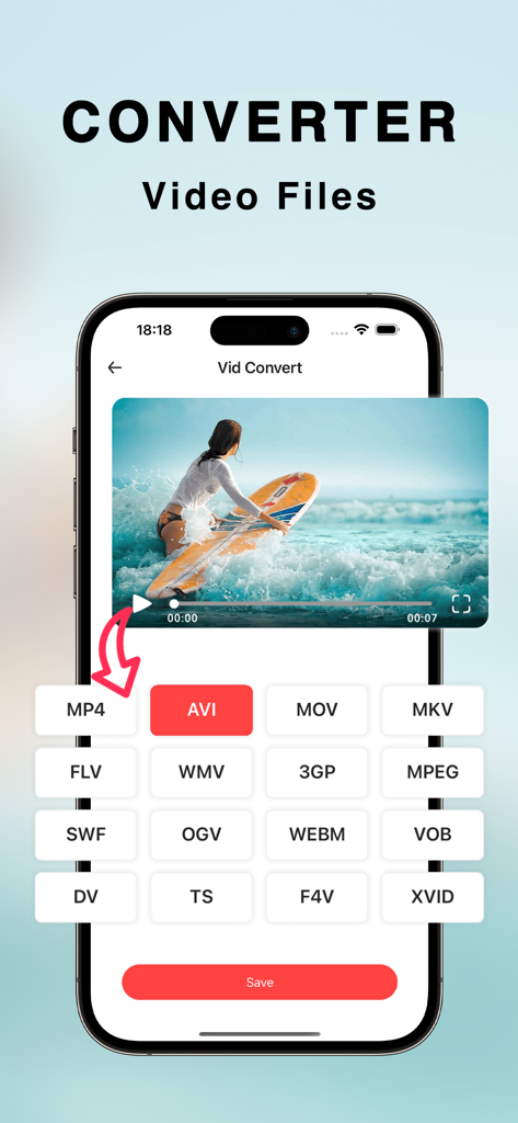 Video Compressor - Save Space+ - Interfaz de una aplicación convertidora de video mostrando varias opciones de formato de archivo para un iPhone