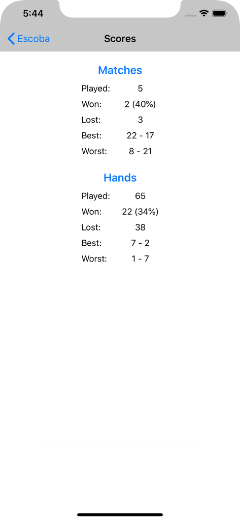 Pantalla de puntuaciones de la aplicación iEscoba mostrando estadísticas de las partidas y manos jugadas.