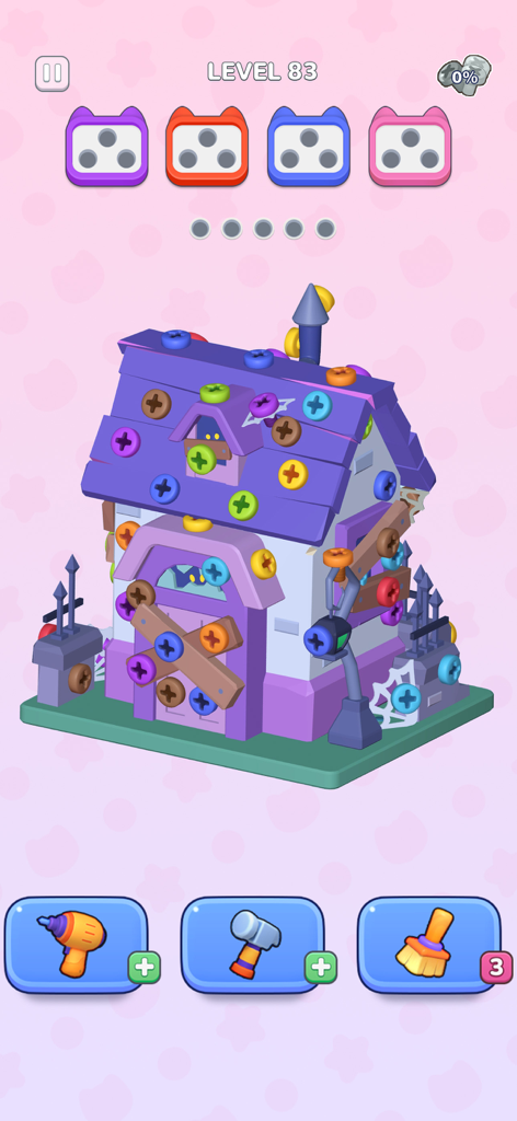 Gameplay of 3D Bolt Master showing a house-themed level with colorful screws and sorting tools