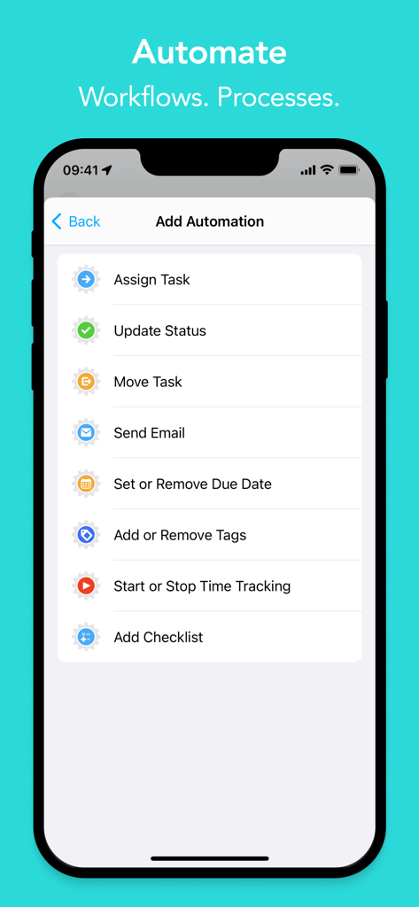 MeisterTask - Task Management - Interfaz de la aplicación móvil MeisterTask que muestra una lista de opciones de automatización de flujos de trabajo como asignar tarea y mover tarea