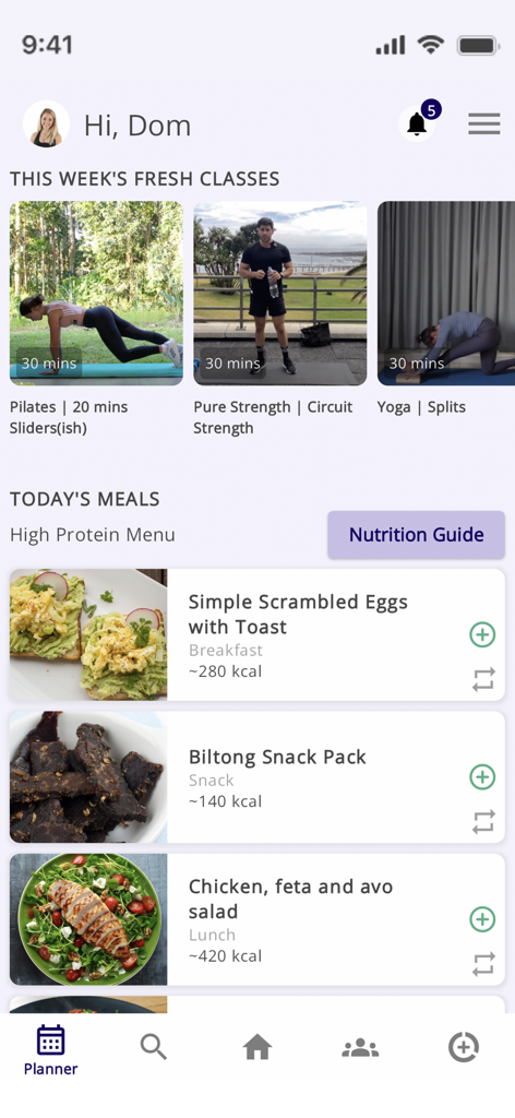 JEFF Fitness - JEFF Fitness app dashboard showing workout classes and a daily high-protein meal plan.