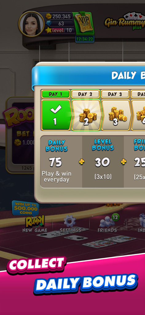 Gin Rummy Plus daily bonus screen showing coin rewards for consecutive logins