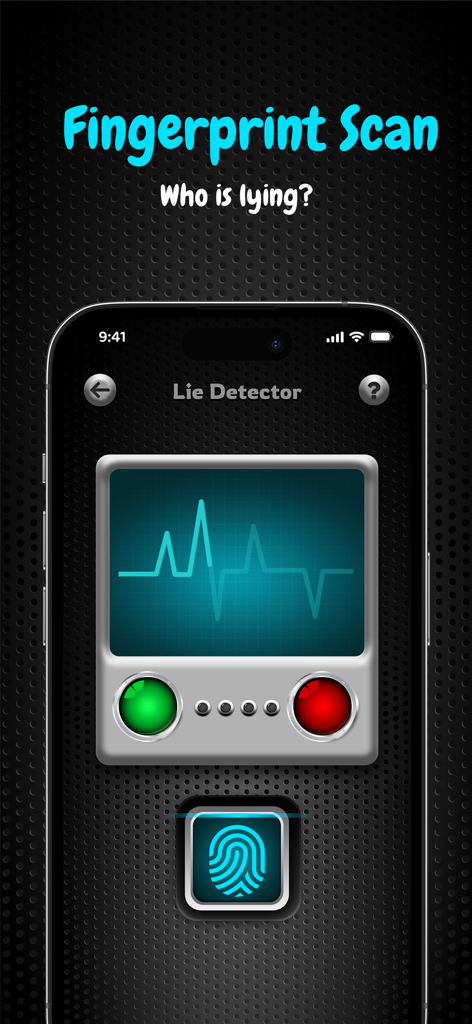 Test Lie Detector for Prank - Interface of a lie detector prank app featuring a fingerprint scanner and truth graph