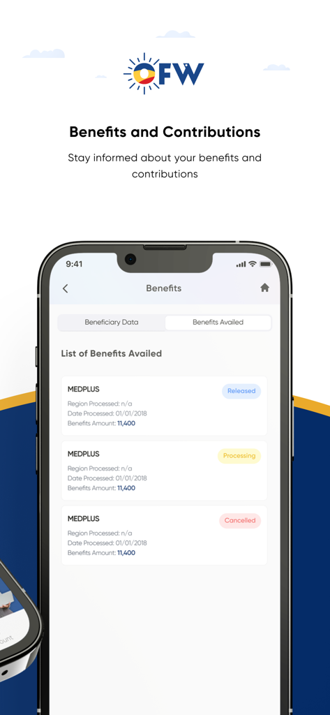OFW App - Mobile screen of the OFW app showing a list of MedPlus benefits with statuses such as released, processing, and cancelled