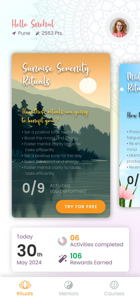 Good Vibes Within - Interface of the Good Vibes Within app showing the Sunrise Serenity Rituals feature and a daily wellness dashboard.