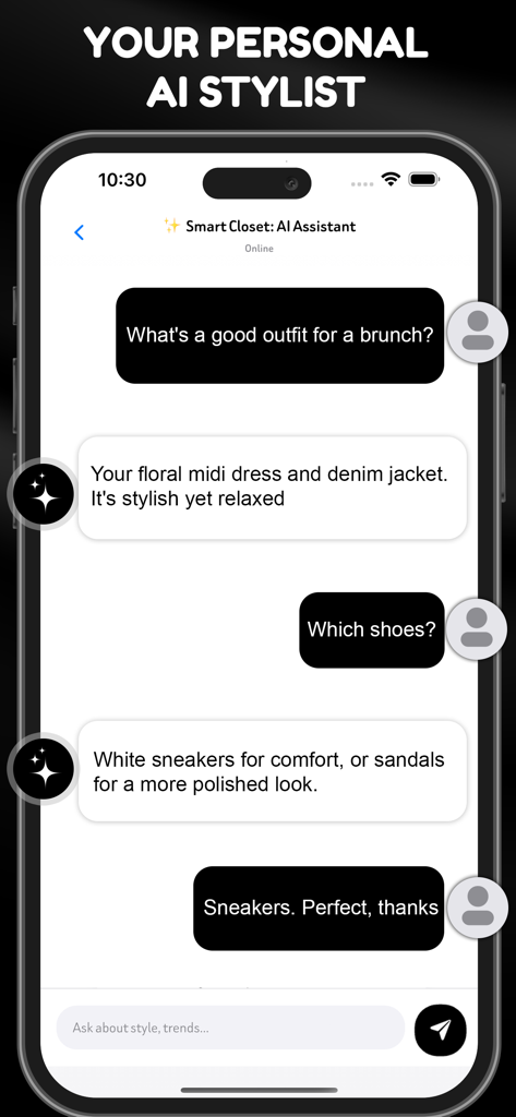 Smart Closet: Your AI Stylist - Interfaz de chat de la aplicación Smart Closet que muestra un asistente de IA brindando recomendaciones de atuendos para el brunch, como un vestido midi floral y una chaqueta vaquera