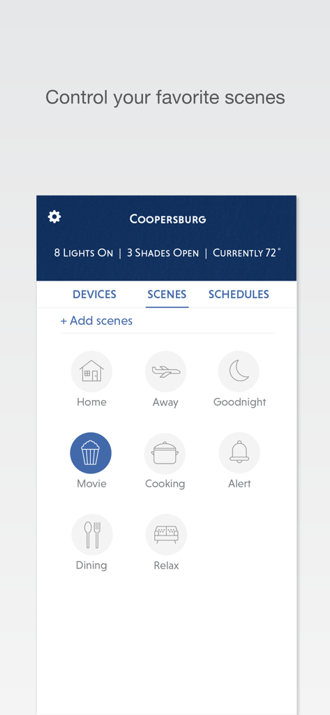 Screenshot of the Lutron app showing various lighting and automation scenes like Home, Movie, and Relax