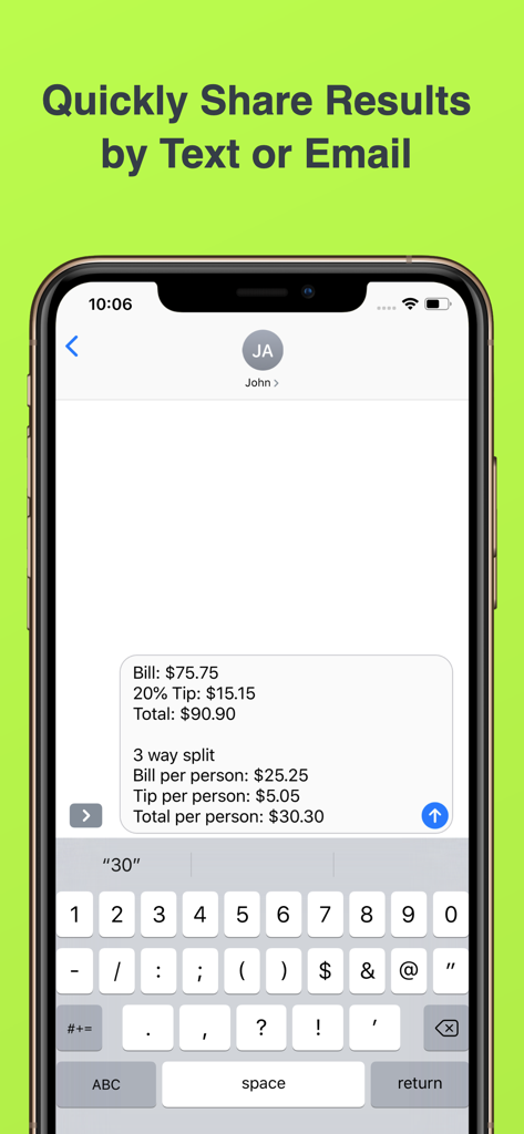 Tip Calculator % Tap Tip - テキストメッセージで共有されたチップと請求書分割の結果を表示するiPhoneスクリーンショット。
