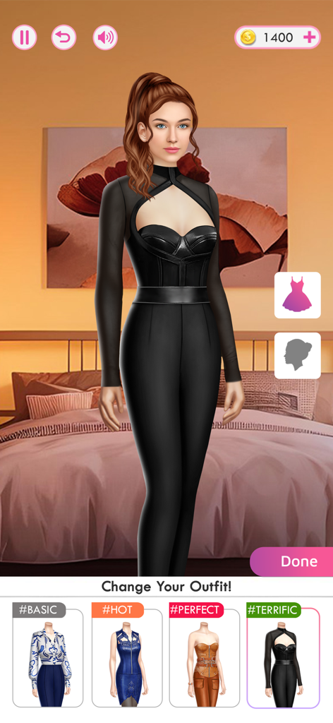 Decisionsストーリーゲームの様々な衣装オプションを示すキャラクターカスタマイズ画面