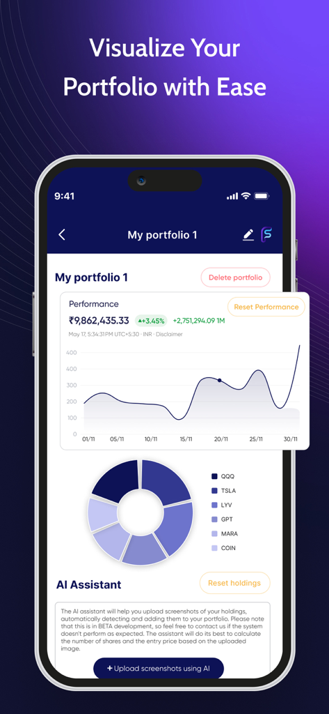 FS Insight app screen displaying portfolio performance line charts, asset allocation donut charts, and an AI investment assistant.