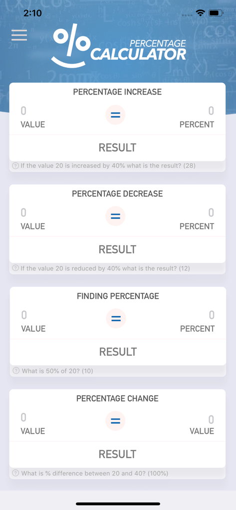 Percentage Calculator Plus - Percentage Calculator Plus app interface featuring multiple tools for calculating percentage increase decrease and change