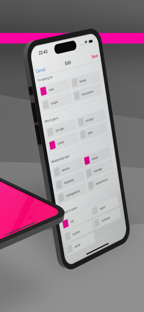 Search preferences screen in the SiN dating app with inclusive filters for gender and relationship type