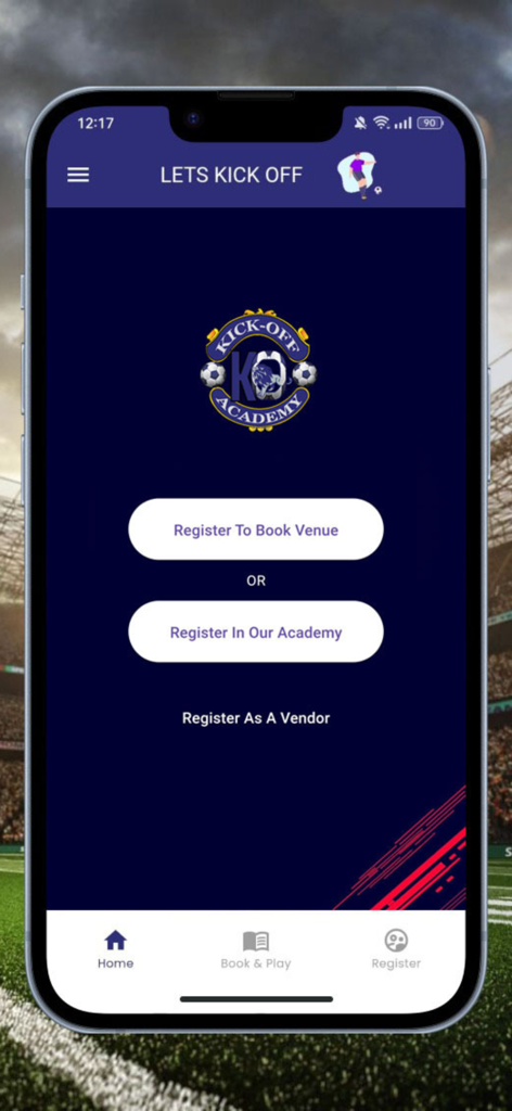 Kick-Off - Hauptbildschirm der Kick-Off App mit Registrierungsschaltflächen für die Fußballakademie und Platzbuchungen