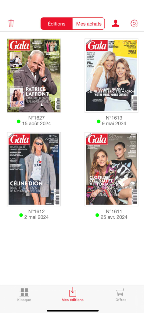 Digital library interface of the Gala magazine app displaying multiple issue covers and publication dates.