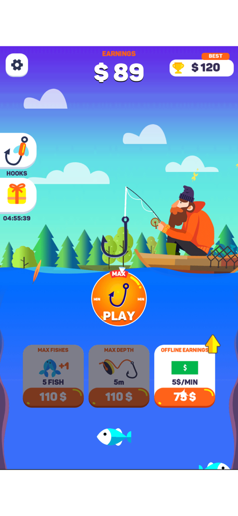 Tiny Fishing - Tiny Fishing game home screen showing a fisherman in a boat with upgrade options for max fishes and depth