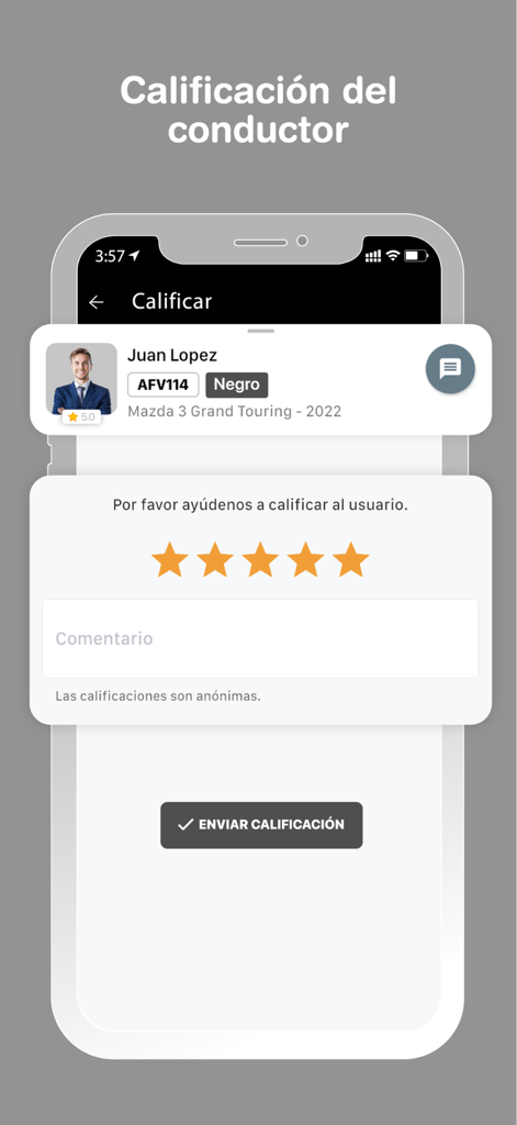 Dai - Interface of the Dai mobile app showing a driver profile and a five-star rating system with a comment box.