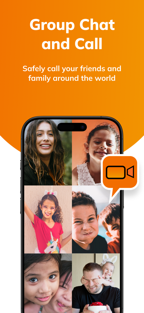 A mobile phone screen displaying a safe group video chat with multiple family members and kids