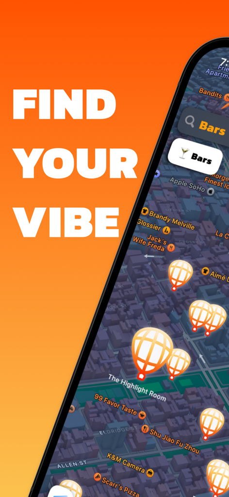 Find Your Vibe - Find Your Vibe app screen showing a city map with social activity hotspots and bar locations