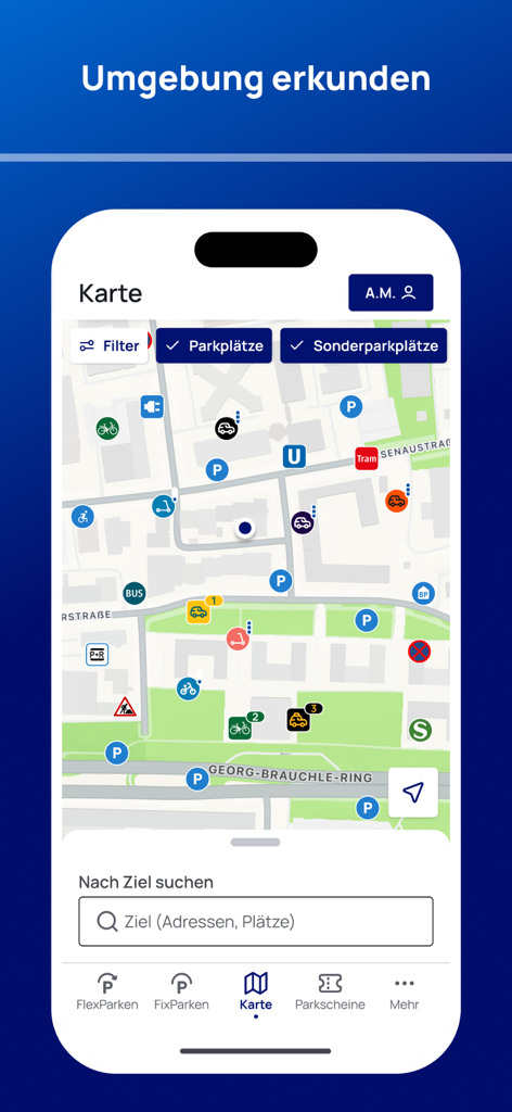 HandyParken München - Map interface of the HandyParken München app showing parking spots and public transportation in Munich