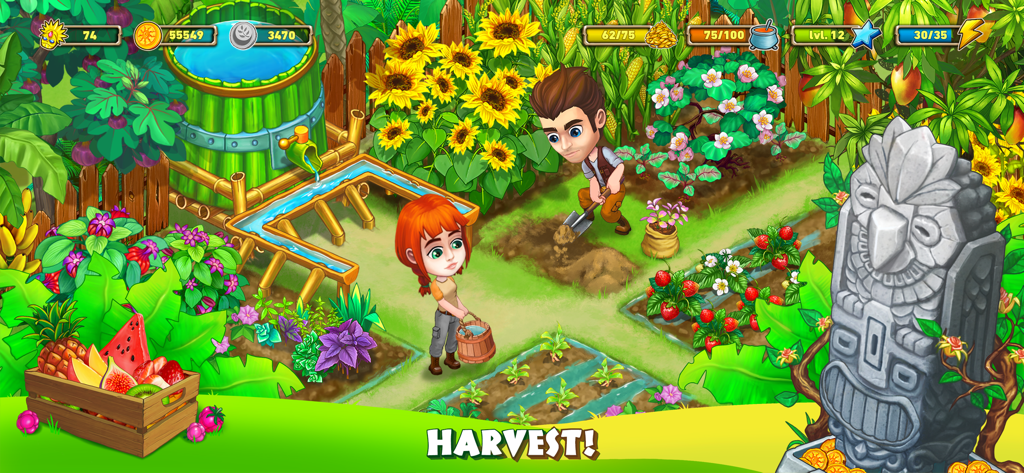Bobatu Island: Survival Quest - Personajes cosechando cultivos en una exuberante granja de isla tropical en Bobatu Island