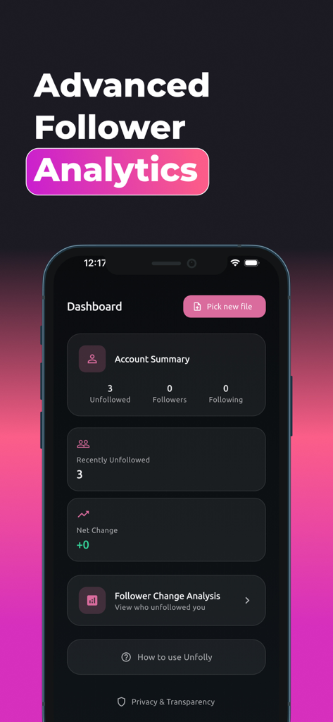 Unfollow Tracker:Follow Report - Smartphone screen showing the Unfollow Tracker dashboard with advanced follower analytics and account summary stats